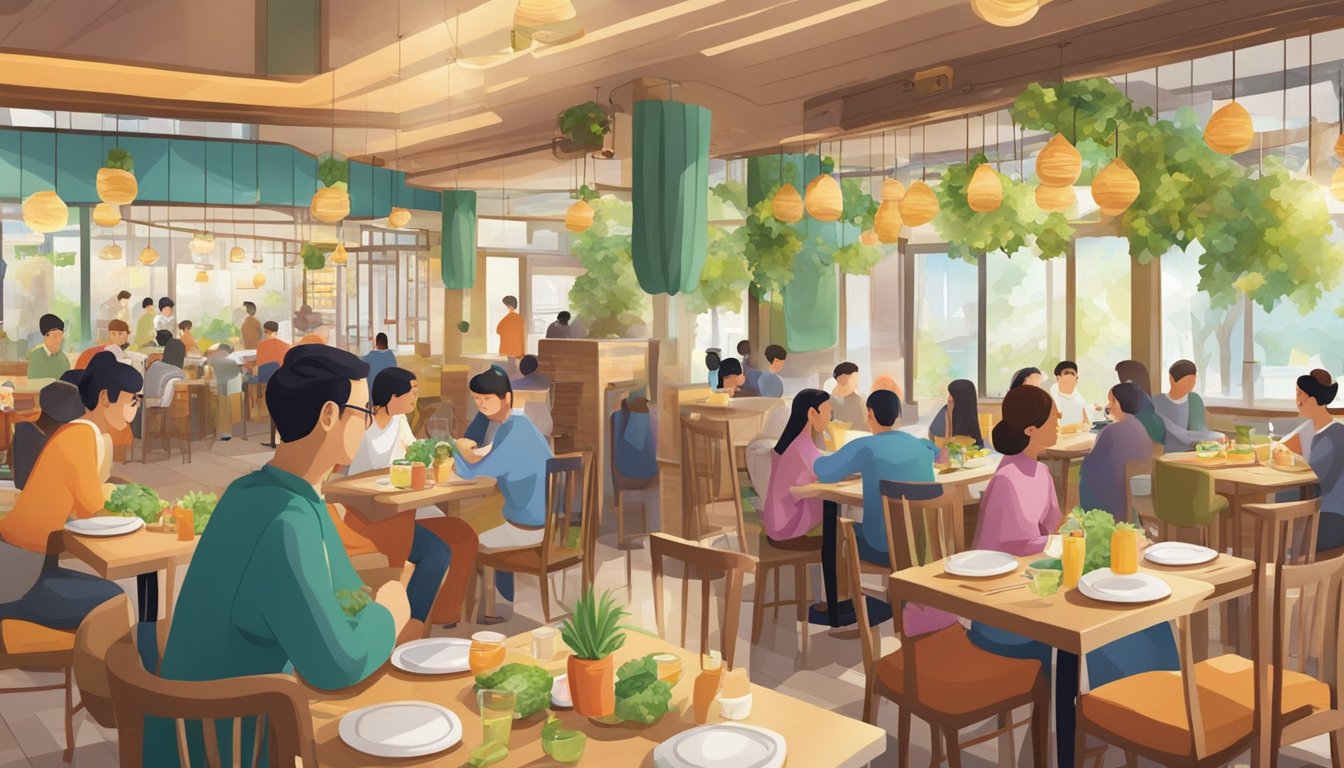 A bustling vegetarian restaurant in Sunshine Plaza, with colorful decor and a welcoming atmosphere. Patrons enjoy their meals at cozy tables while friendly staff attend to their needs