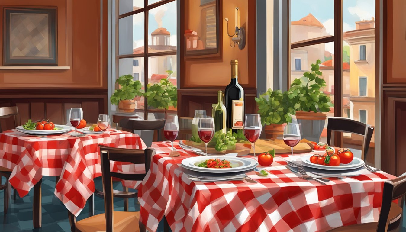 Tables set with red checkered tablecloths, wine bottles on display, and the aroma of garlic and tomatoes in the air at Italian Restaurant Dempsey