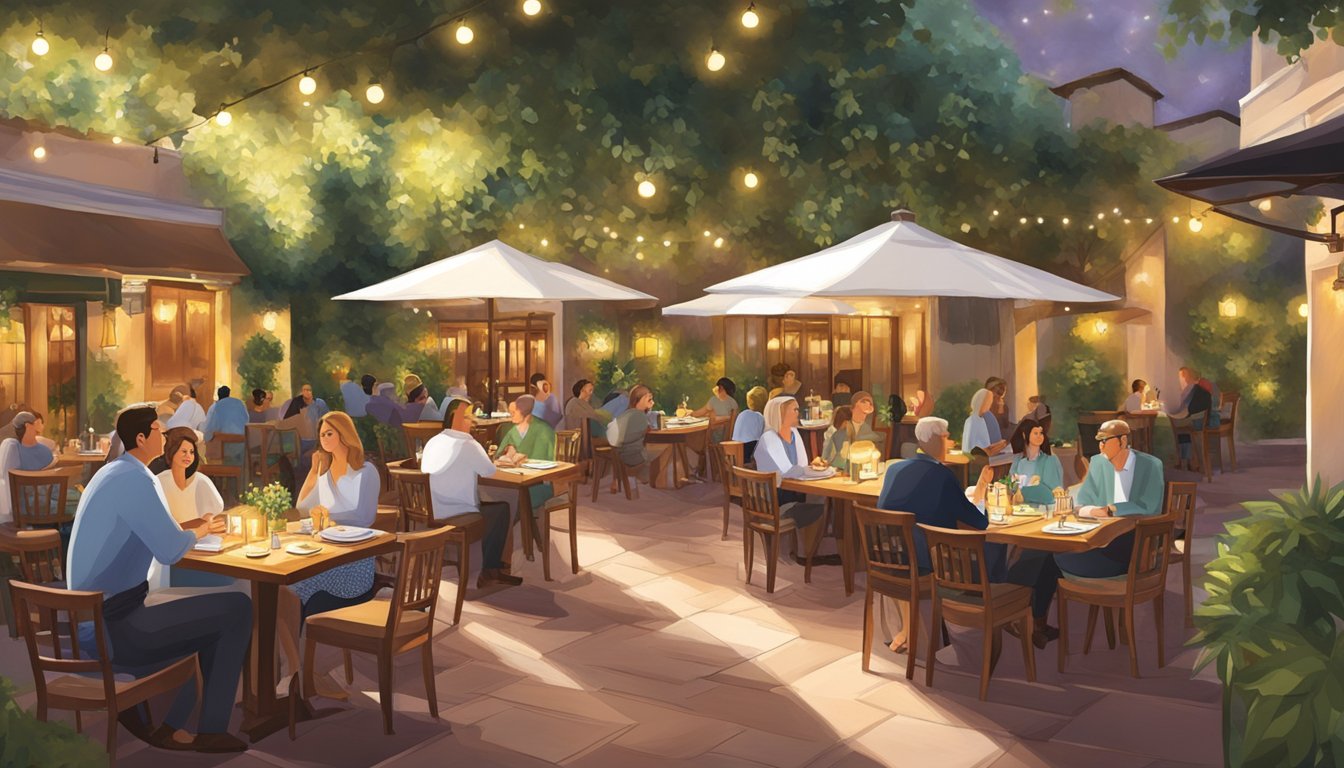 Guests enjoy outdoor dining at Volare Italian restaurant, surrounded by lush greenery and twinkling lights. The cozy ambiance and delicious aromas create a welcoming atmosphere