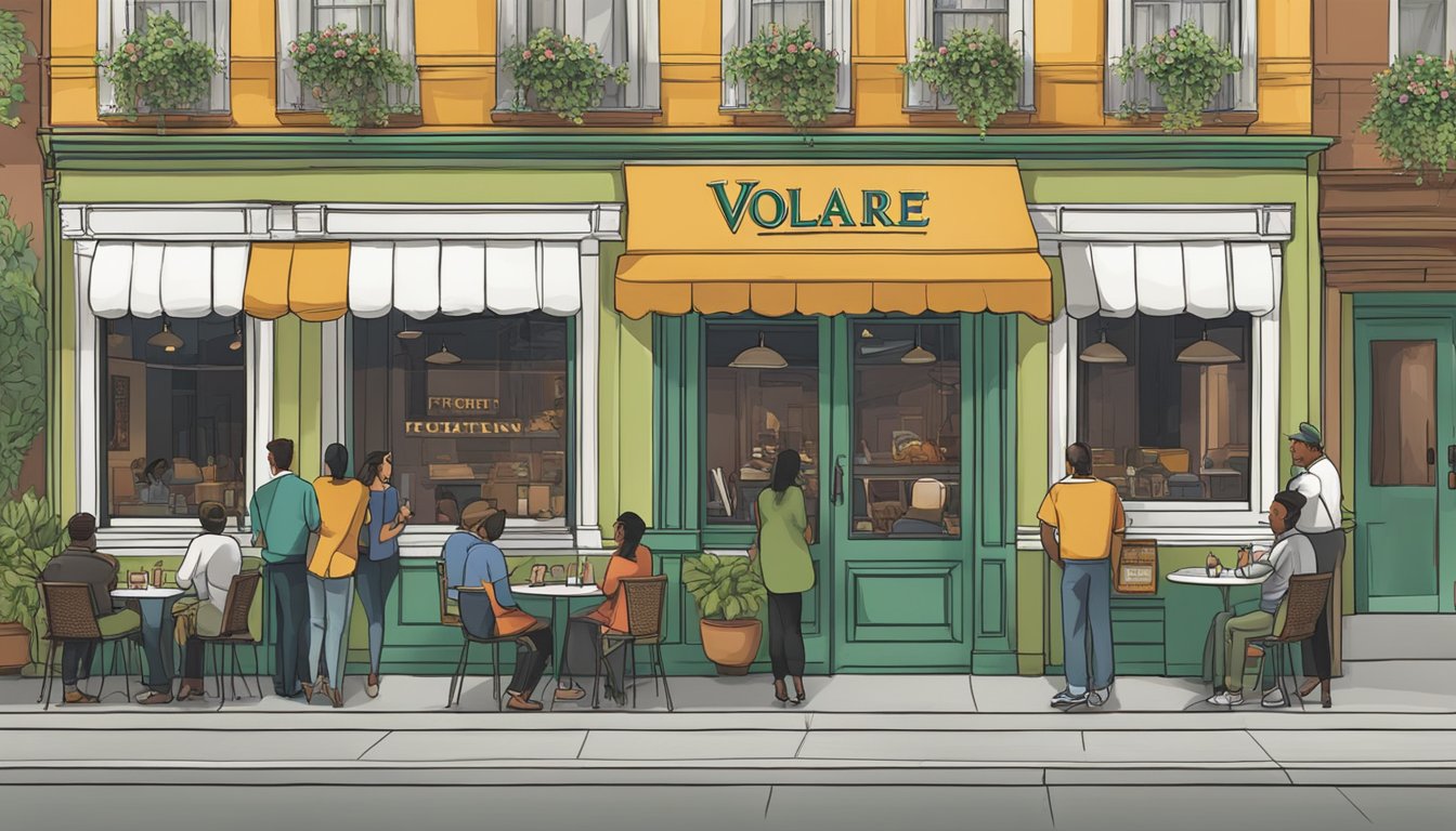 Customers lining up outside of Volare Italian restaurant, with a sign displaying "Frequently Asked Questions" prominently placed in the window