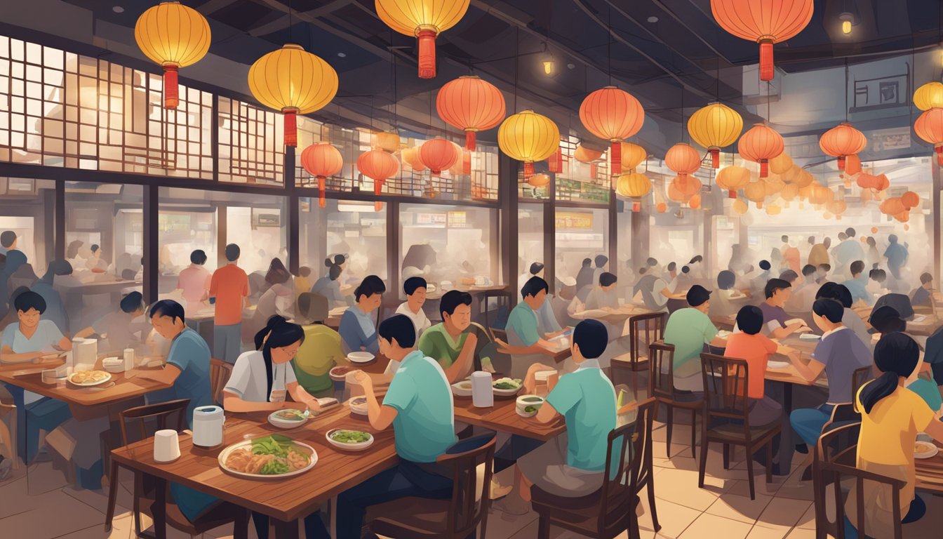 A bustling Taiwanese restaurant in Singapore, with colorful lanterns hanging from the ceiling and steaming bowls of beef noodle soup on every table