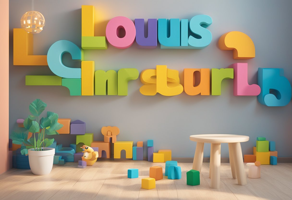 Louis' name written in colorful block letters on a nursery wall