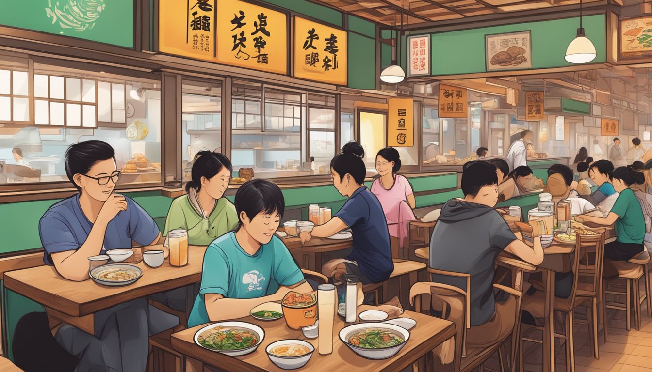 A bustling Taiwanese restaurant in Singapore, filled with vibrant colors and aromas. Tables are adorned with steaming bowls of beef noodle soup, crispy pork belly, and fragrant bubble tea. The sound of sizzling woks and laughter fills the air