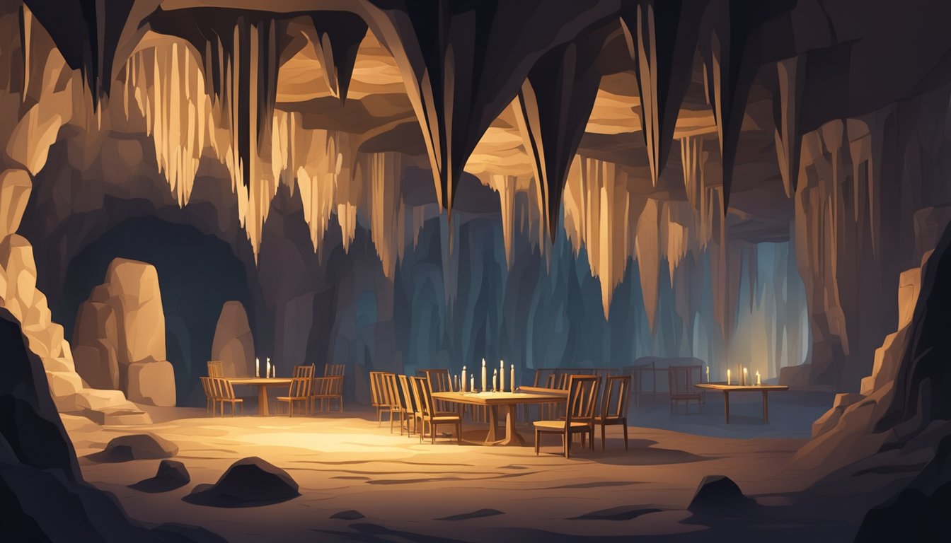 A dimly lit cave with stalactites and stalagmites, tables and chairs carved from stone, soft candlelight casting shadows on the walls