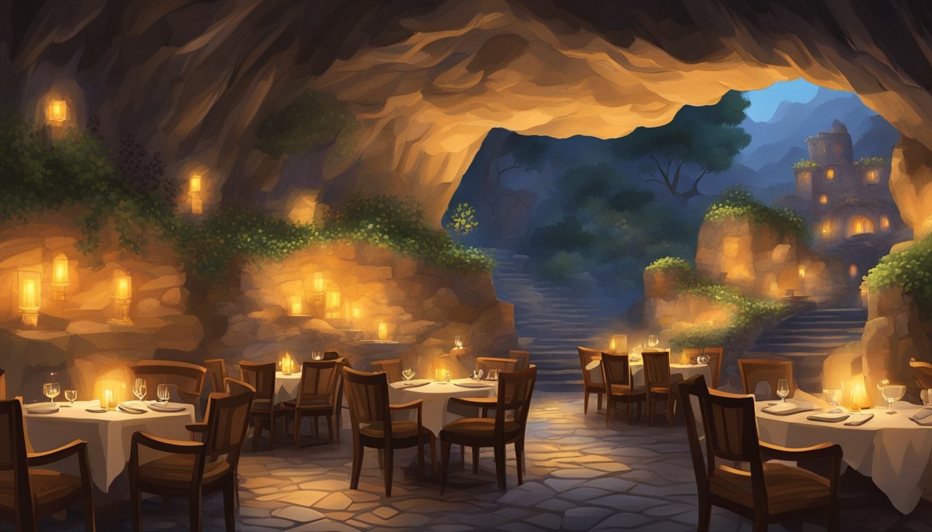 The cave restaurant is dimly lit, with candle-lit tables nestled in alcoves. The stone walls are adorned with flickering torches, casting a warm glow over the diners. A waterfall cascades down one side, adding to the ambiance