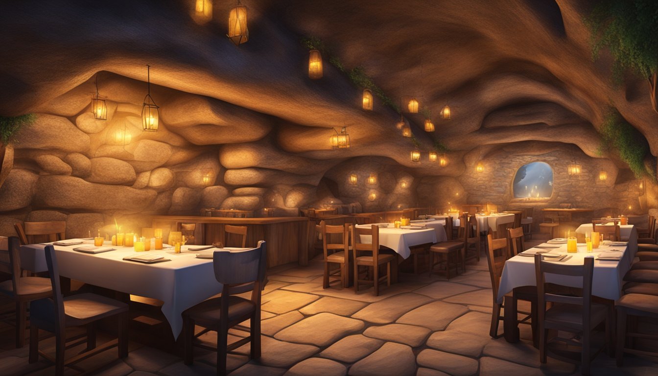 A cozy cave restaurant with dim lighting, stone walls, and flickering candles on wooden tables. Guests enjoy their meals surrounded by the rustic charm of the cave's interior