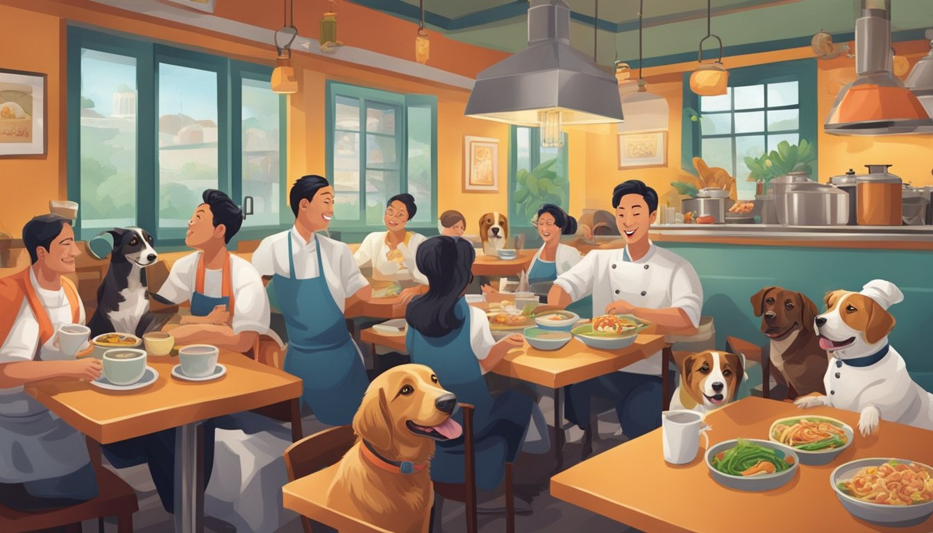 A group of dogs happily sit under tables at a bustling Chinese restaurant, while a chef prepares pet-friendly dishes in the kitchen