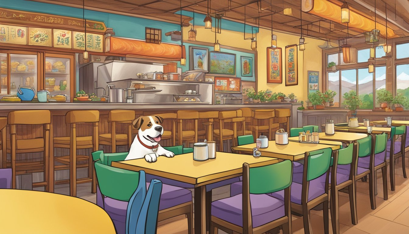 A happy dog sniffs around a colorful, bustling Chinese restaurant, where a welcoming sign indicates it is pet-friendly. Tables are filled with families and their furry companions enjoying delicious meals