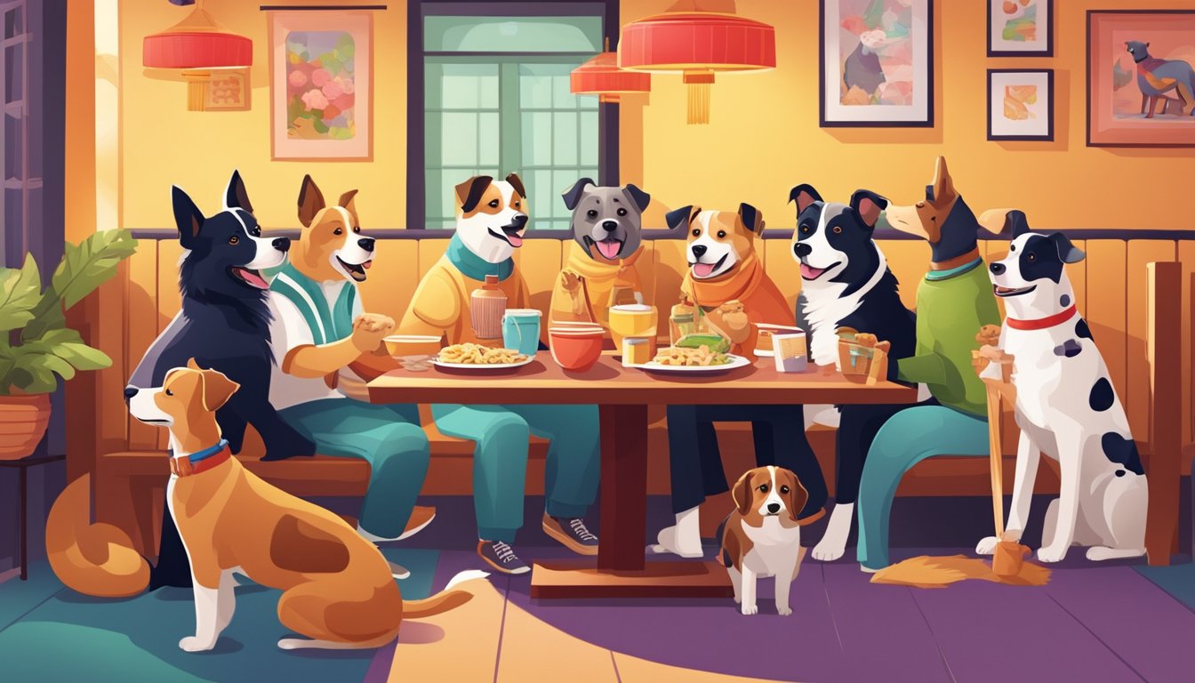 A cheerful group of dogs and their owners enjoy a meal at a pet-friendly Chinese restaurant, with colorful decor and friendly staff