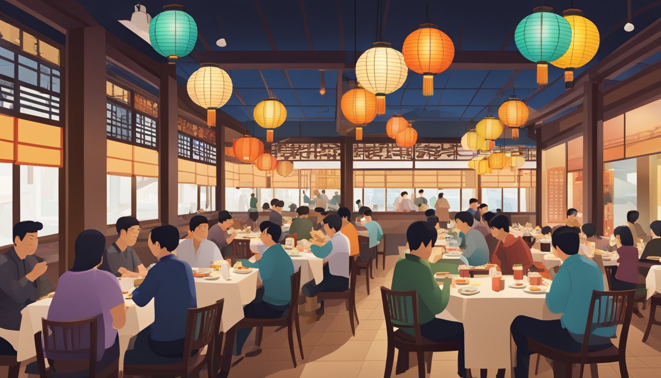A bustling Japanese restaurant in Asia Square, with traditional decor and colorful lanterns hanging from the ceiling. Tables are filled with customers enjoying their meals