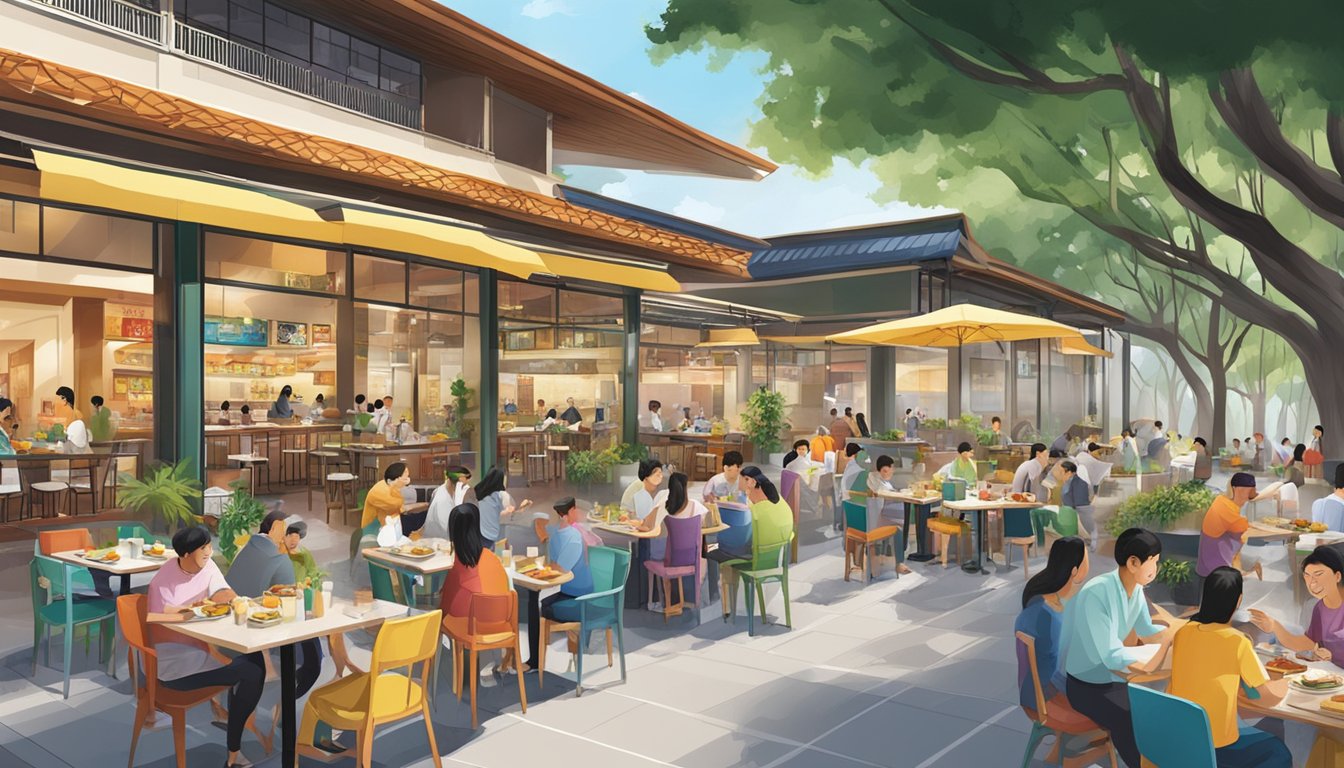 A bustling scene at Kallang Leisure Park restaurants, with colorful outdoor seating and a variety of cuisines on display