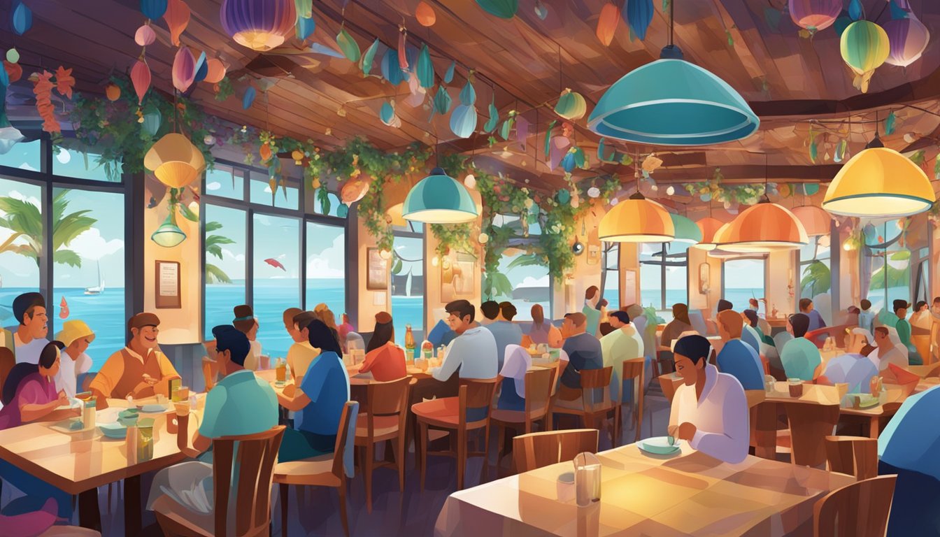 A bustling seafood restaurant with colorful decor and lively atmosphere