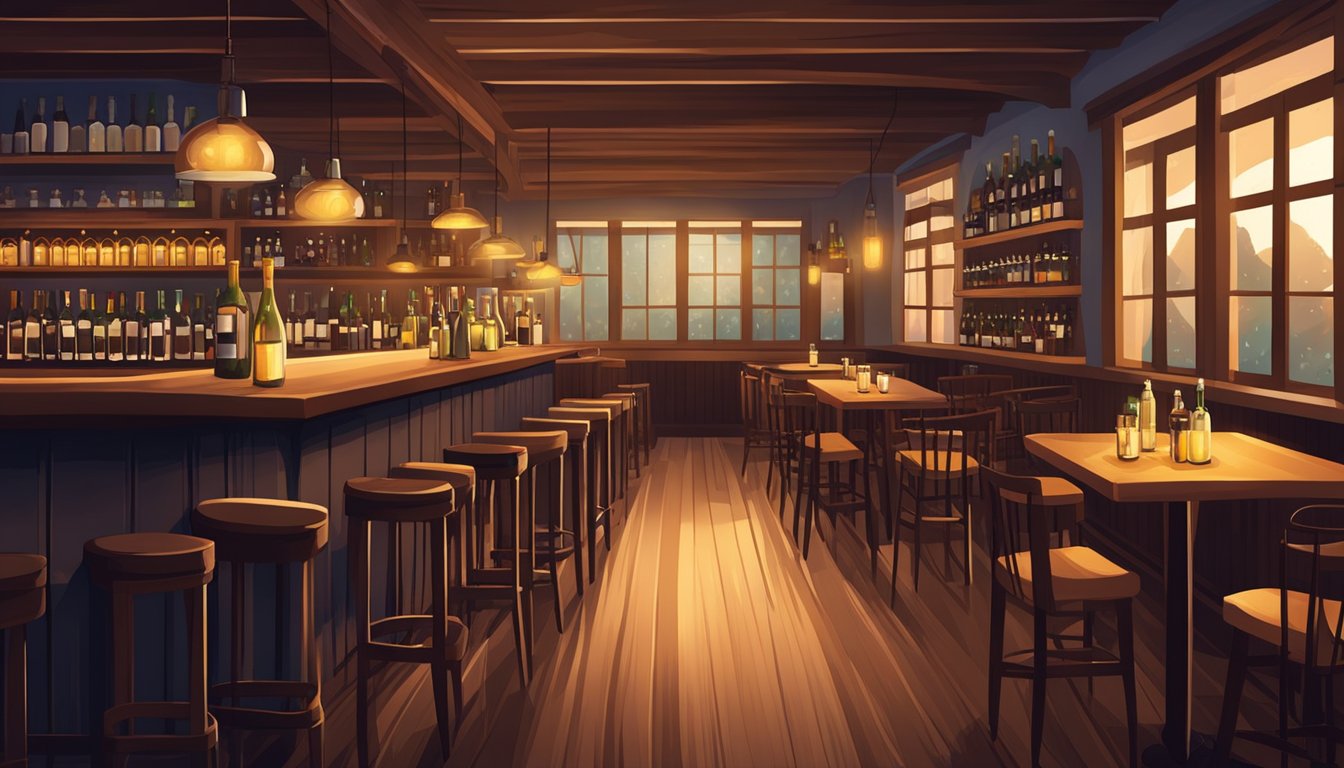 A cozy wine-themed restaurant with dim lighting, rustic wooden tables, and shelves lined with bottles. A warm and inviting atmosphere with soft jazz music playing in the background