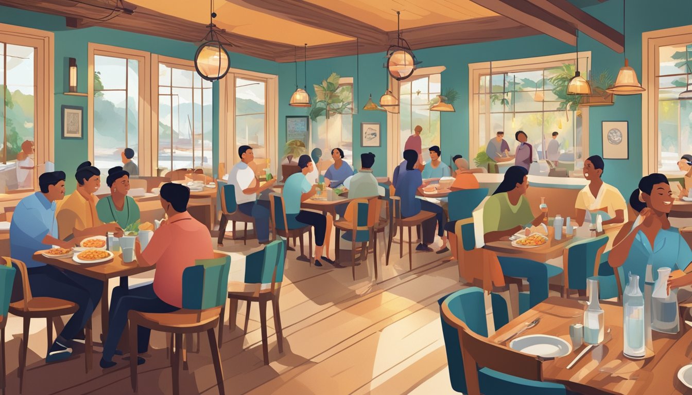 A bustling seafood restaurant, with steaming dishes and colorful decor. Customers chat and laugh, while waiters hurry between tables