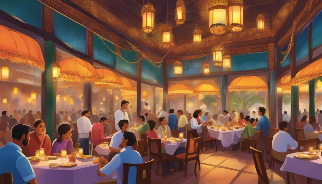 The Song of India restaurant bustles with vibrant colors and aromatic spices, as diners savor exotic dishes under the soft glow of ornate lanterns