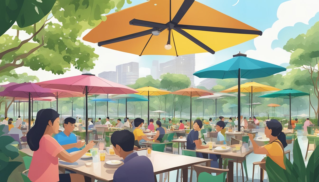 People dining at outdoor restaurants with colorful umbrellas surrounded by lush greenery and water features at Kallang Leisure Park