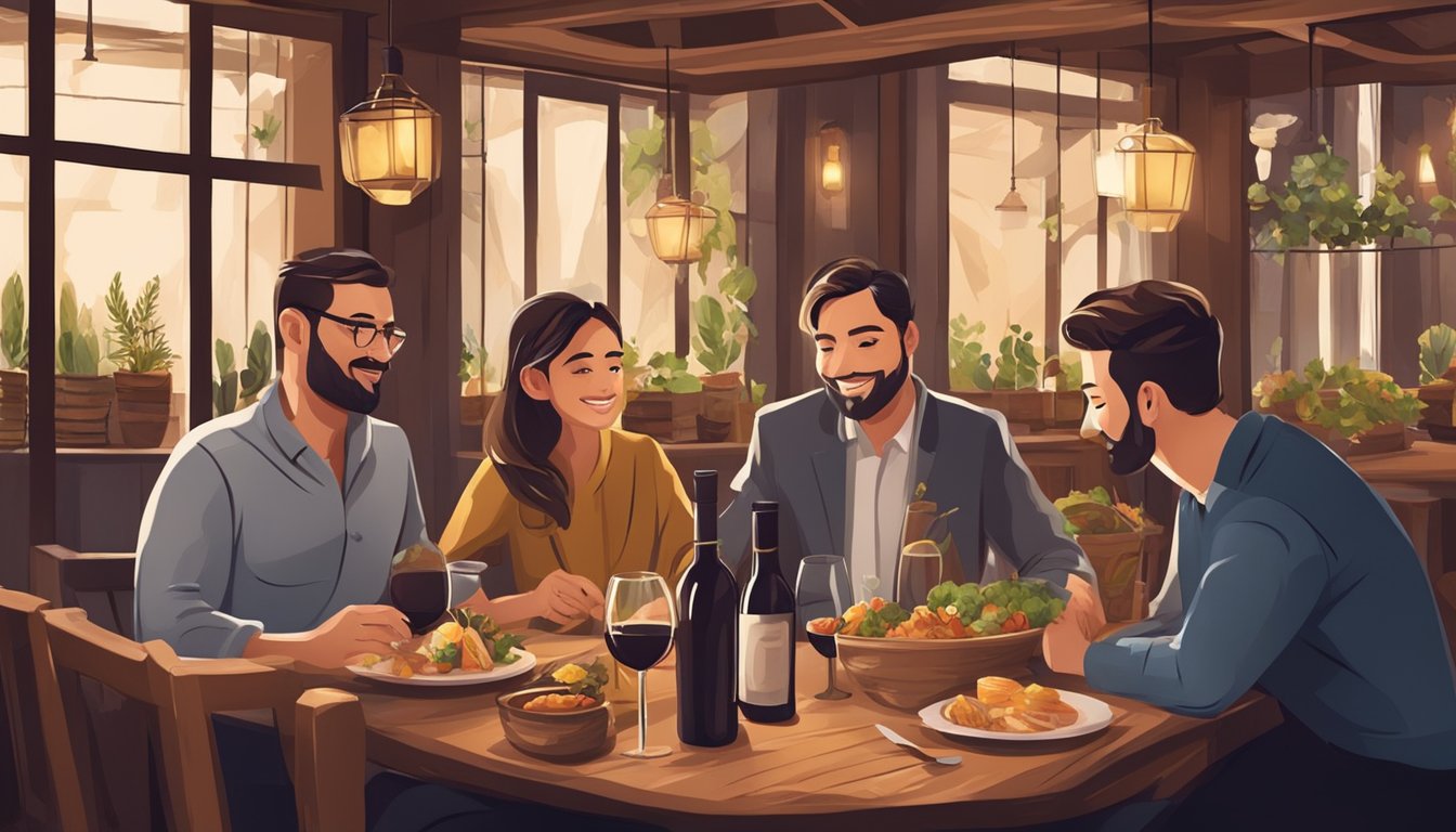 Customers enjoying wine and food at a cozy restaurant with a rustic interior. A sommelier makes recommendations to a couple at a table