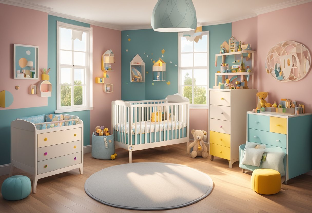 A colorful nursery with "London" in large, playful letters on the wall, surrounded by toys and a cozy crib