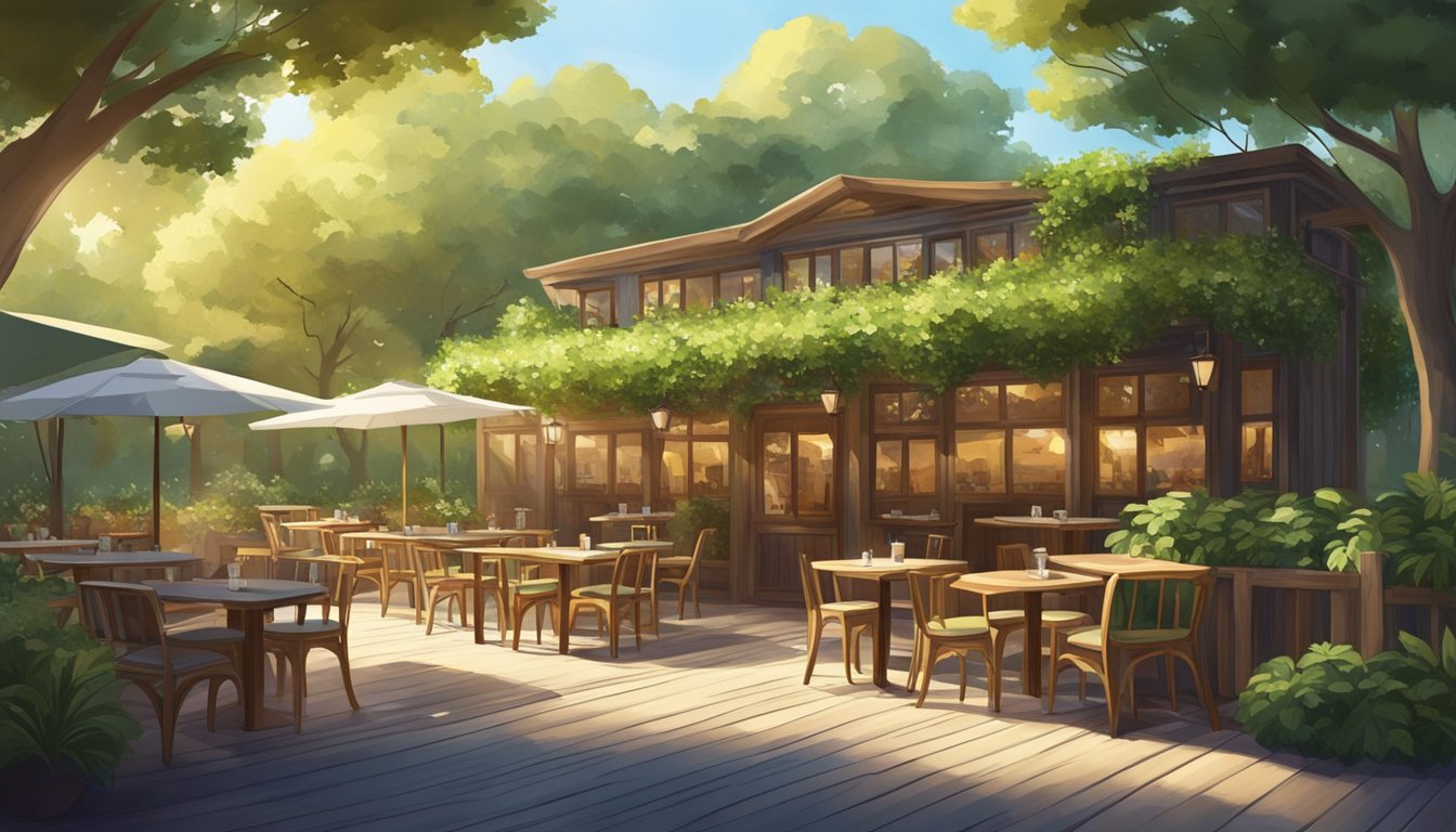 Lush greenery surrounds a cozy wooden restaurant nestled in the heart of the woods. The sun filters through the leaves, casting dappled shadows on the outdoor seating area