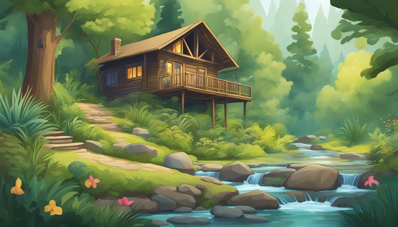 Lush green forest surrounds a cozy cabin with a sign reading "Woodlands Vegetarian Restaurant." A stream flows nearby, and colorful birds flit about