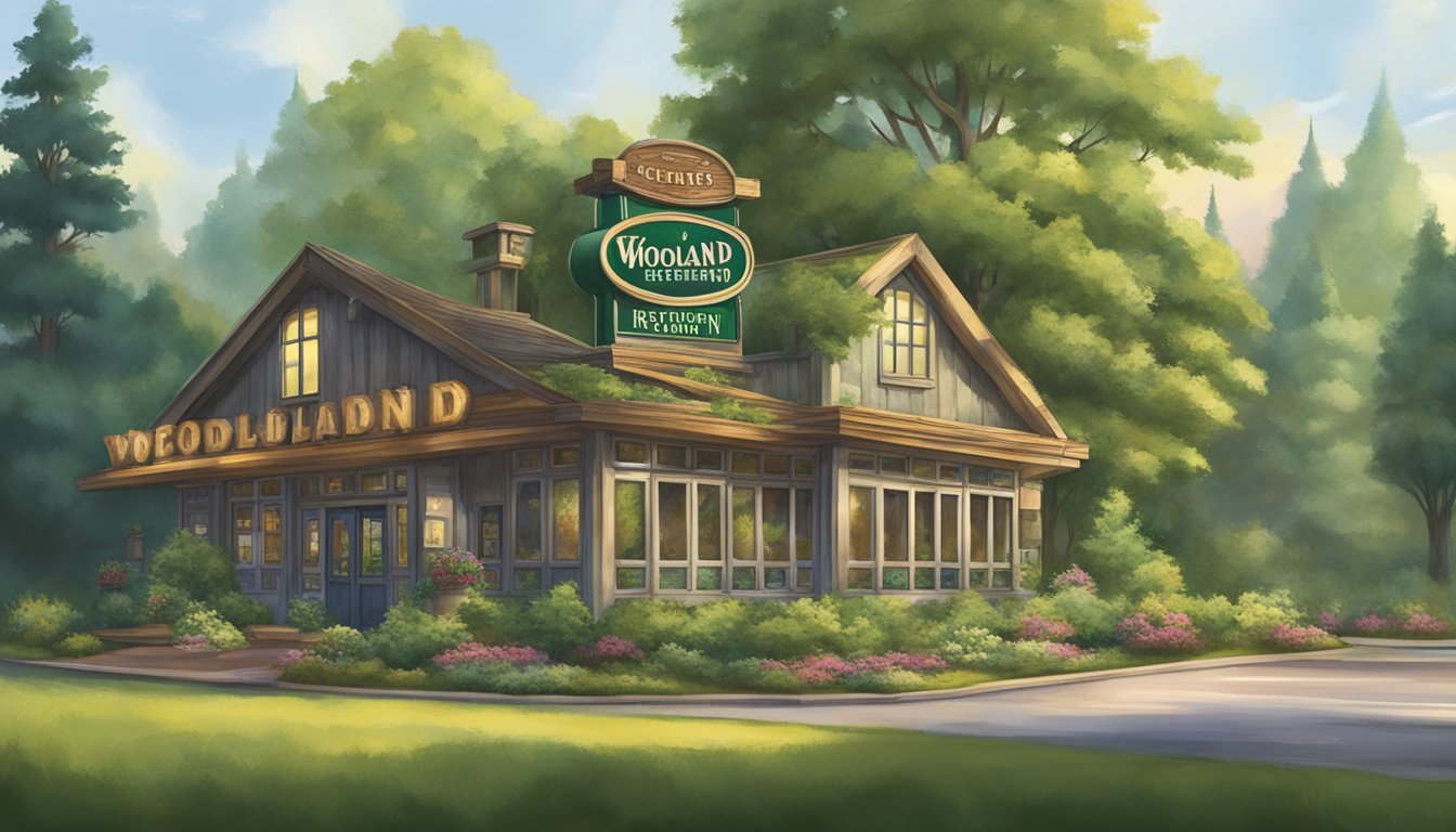 The woodland restaurant sign stands tall among lush green trees, with a path leading to the entrance. A cozy, inviting atmosphere emanates from the warm glow of the restaurant's windows