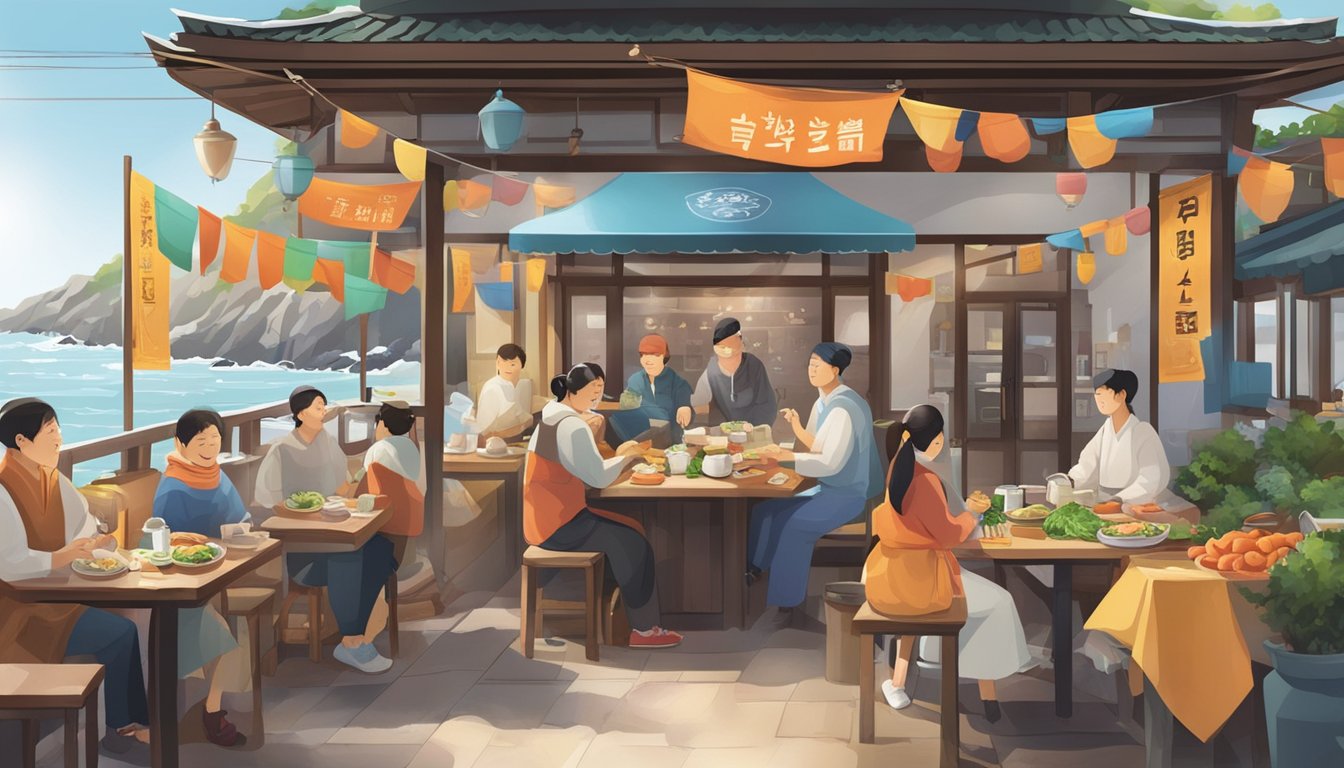 A bustling Jeju restaurant with colorful banners, outdoor seating, and a steaming pot of traditional seafood stew