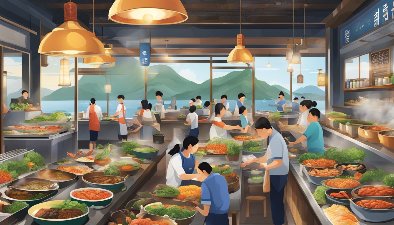 A bustling Jeju restaurant, with steaming pots and sizzling grills, surrounded by colorful displays of fresh seafood and vibrant local produce