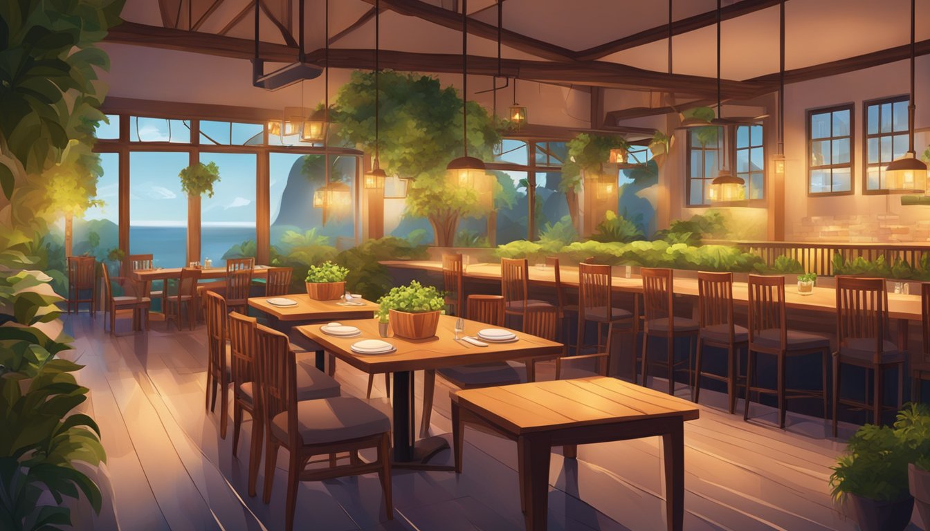 A cozy restaurant with warm lighting, wooden furniture, and lush greenery. Soft background music and the sound of sizzling from the open kitchen create a relaxed, inviting atmosphere