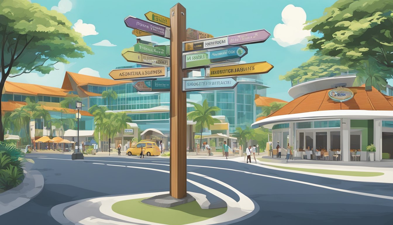 A signpost stands in front of a hotel on Sentosa Island, displaying essential visitor information and pointing towards various restaurants