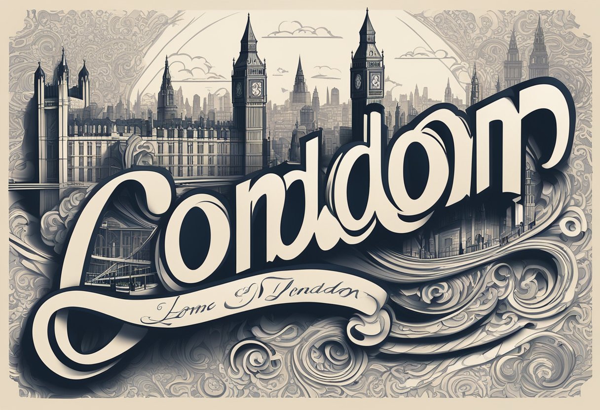 The name "London" is written in bold, elegant script, surrounded by swirling patterns and cityscape silhouettes