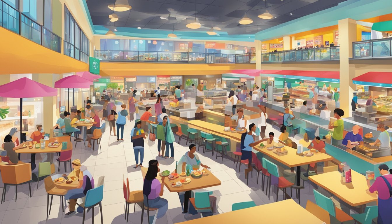A bustling food court at Eastpoint Mall, filled with diverse cuisines and colorful signage, surrounded by hungry patrons enjoying their culinary delights