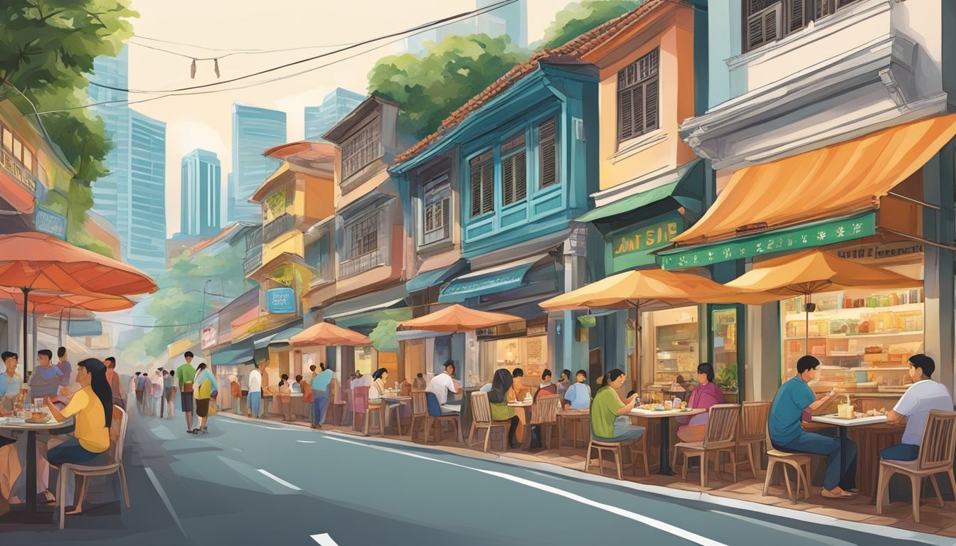 A bustling street in Singapore, lined with colorful and diverse restaurants, each with their own unique charm and cuisine. The aroma of sizzling dishes fills the air as locals and tourists alike explore their dining options