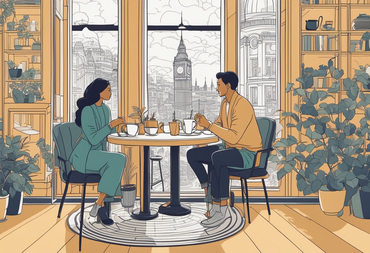 A couple sitting in a cozy London café, surrounded by iconic landmarks and sipping tea while brainstorming baby names