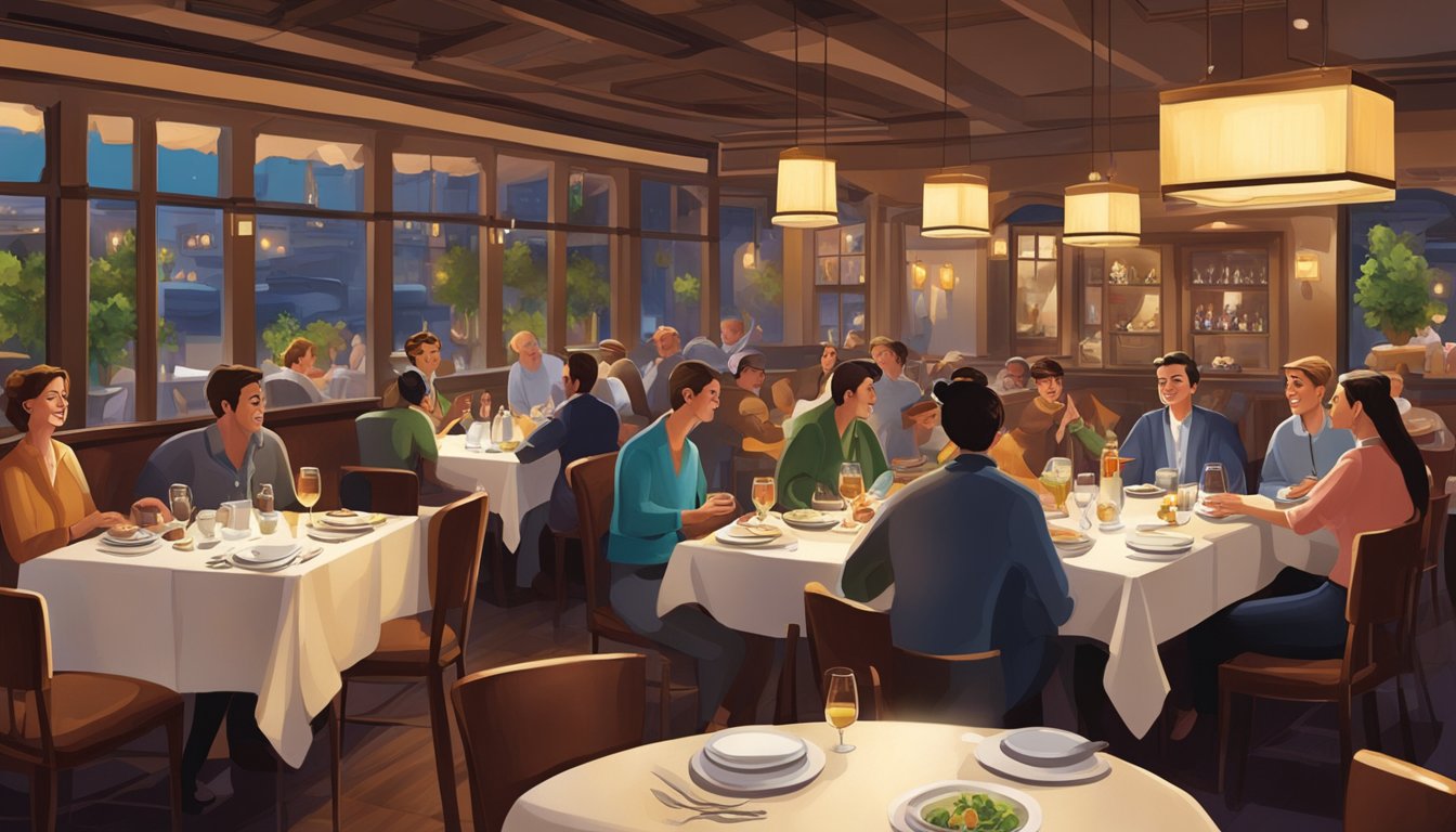 A bustling restaurant with dim lighting, cozy booths, and elegant table settings. The aroma of sizzling dishes fills the air as diners chat and laughter echoes through the room