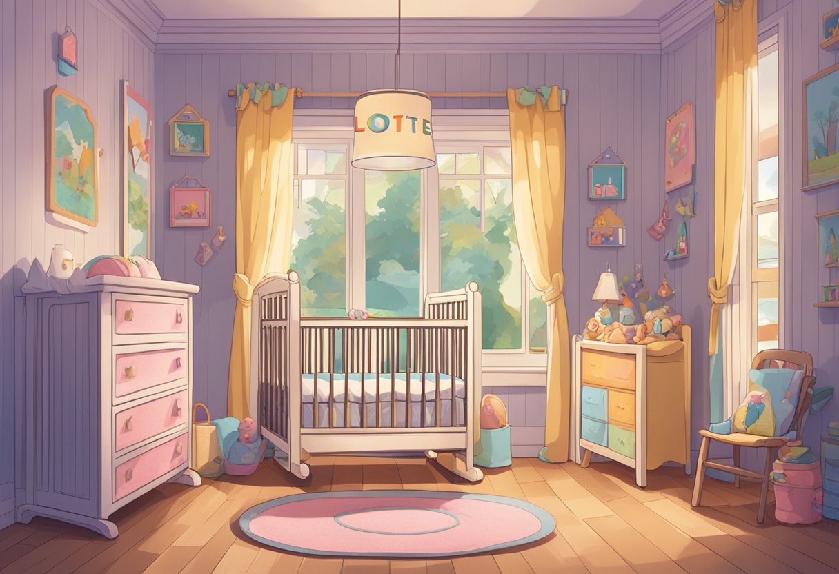 A small crib with the name "Lottie" written in colorful letters hangs on the wall above a cozy rocking chair