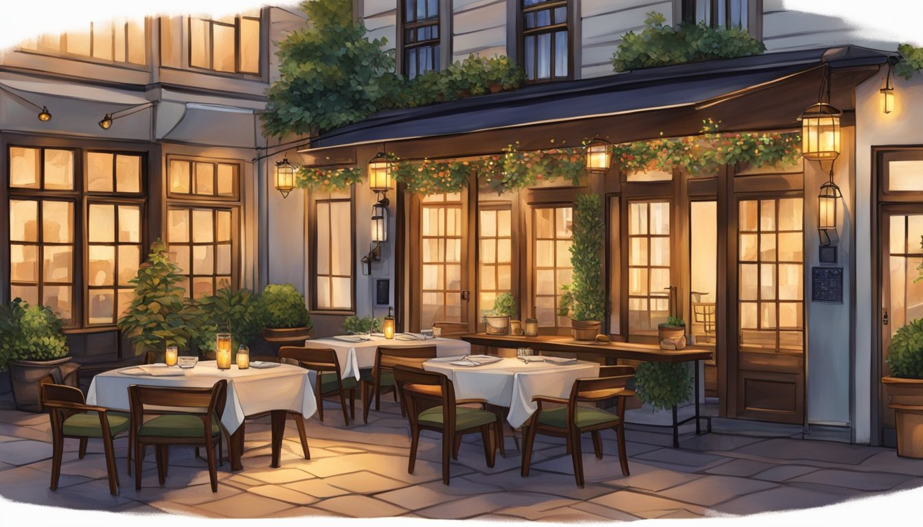 A warm glow emanates from the lantern-lit restaurant, casting a cozy ambiance over the outdoor patio. Tables are adorned with flickering lights, creating a welcoming and intimate atmosphere for diners