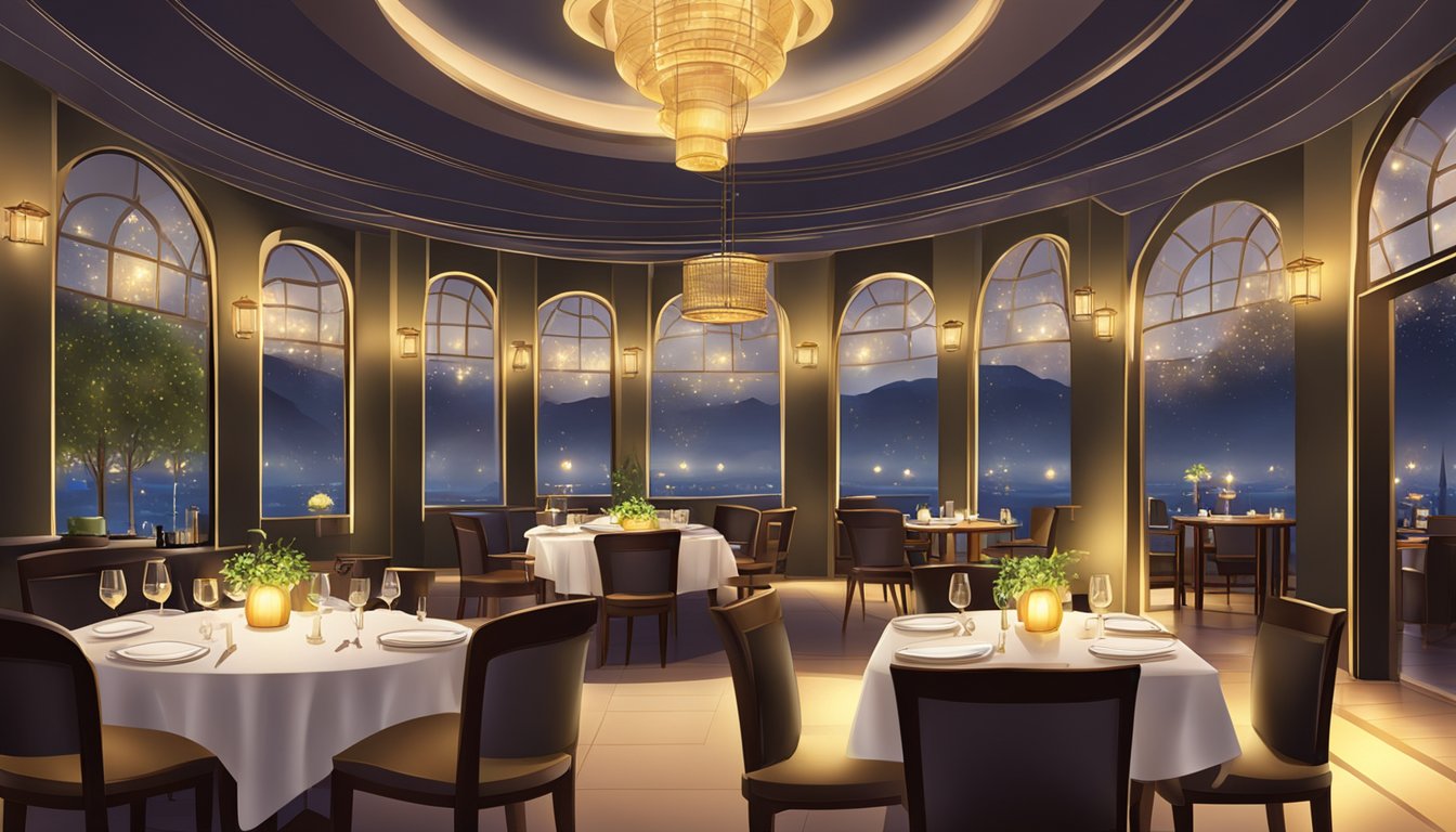 A glowing lantern-lit restaurant with elegant table settings and exquisite cuisine
