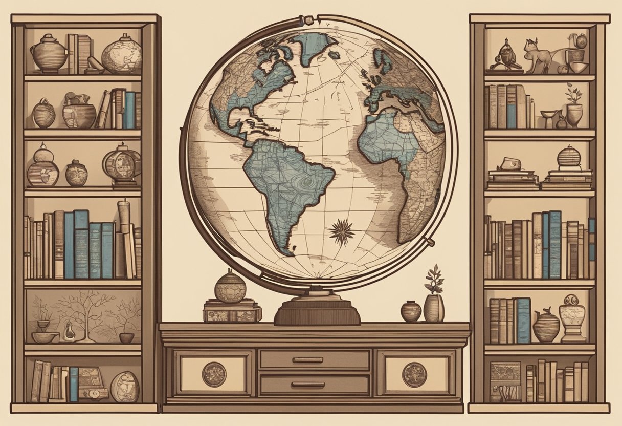A bookshelf with diverse cultural symbols and artifacts, a globe, and a family tree