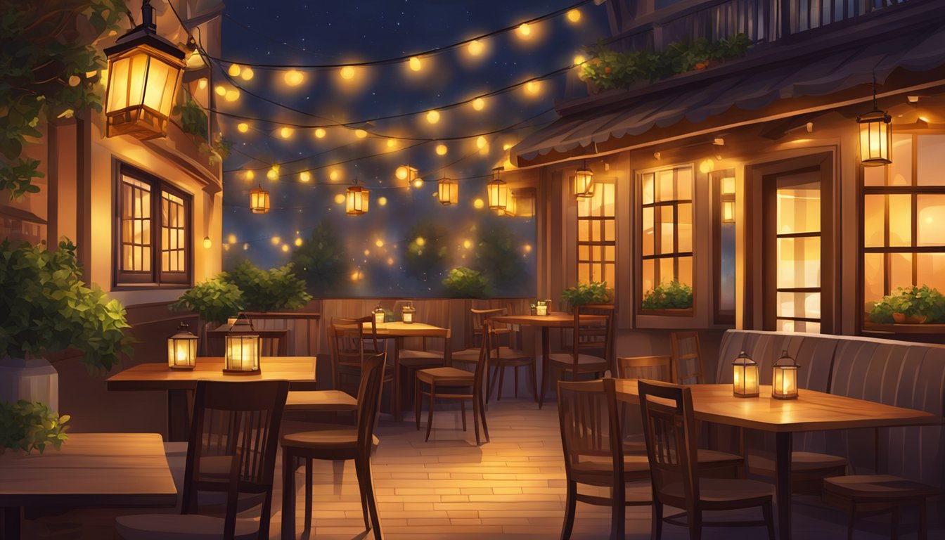 The warm glow of lanterns illuminates a cozy restaurant, creating a breathtaking ambiance