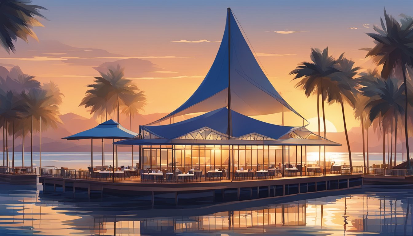 The sail restaurants stand tall against the sunset, their elegant structures casting long shadows on the calm waters below