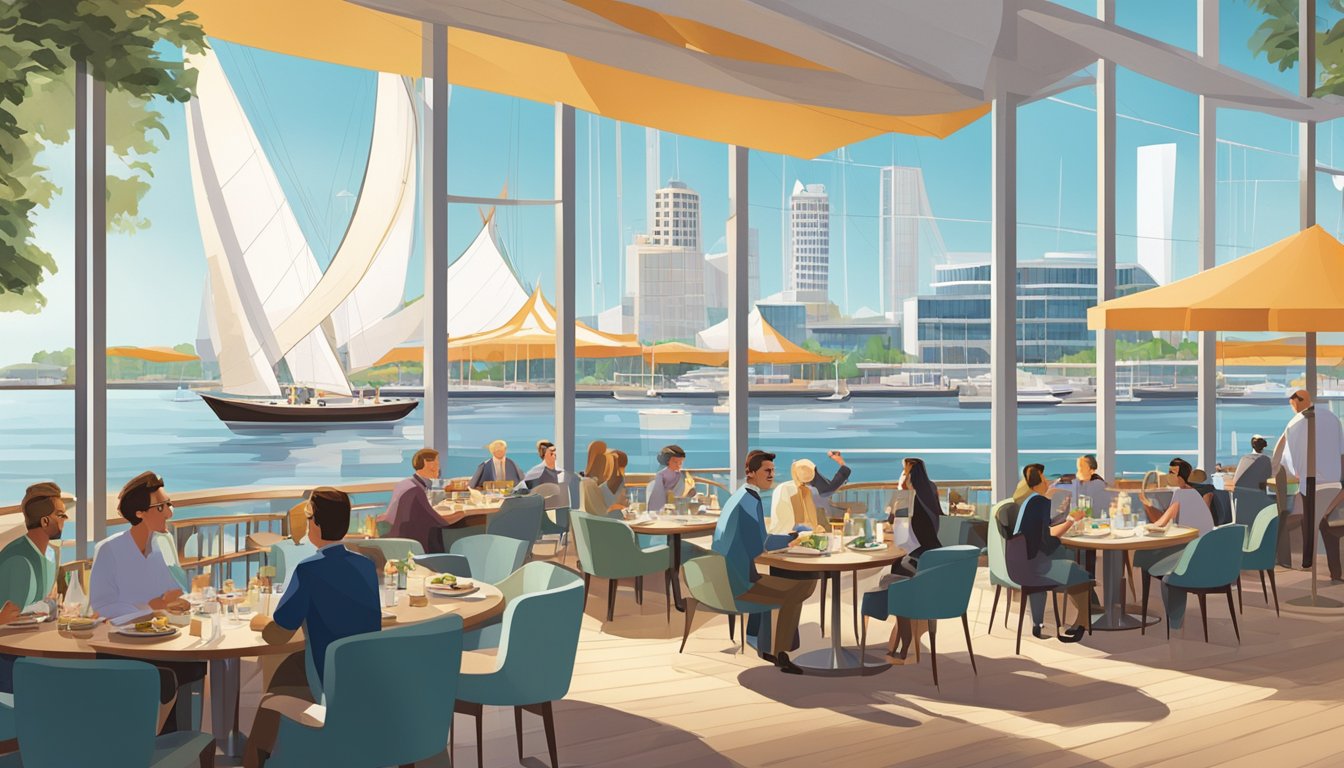 Diners enjoying waterfront views, surrounded by elegant sail-shaped structures and modern architecture