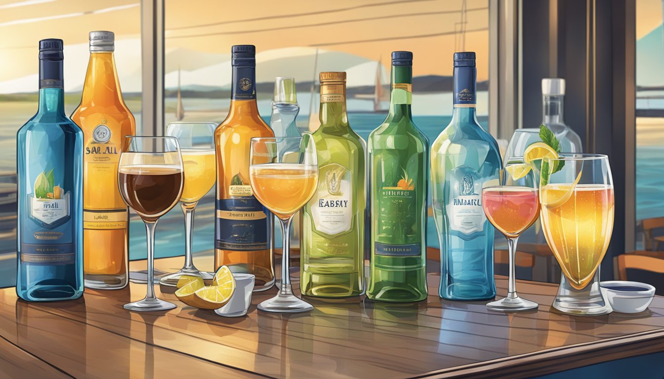 A table displays a variety of drinks at The Sail restaurant. Bottles and glasses are arranged neatly, with a menu showcasing the beverage selection