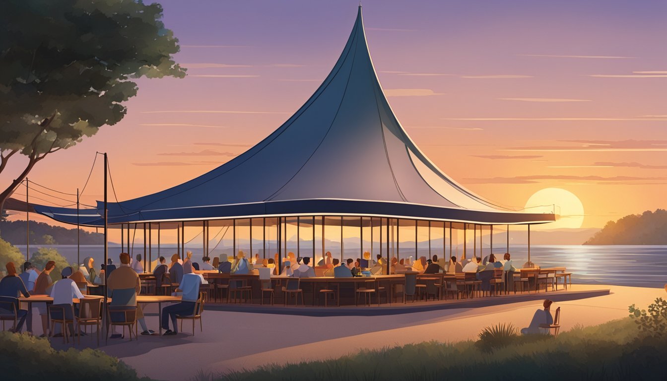 The sail-shaped restaurant stands tall against the sunset, with a line of customers waiting outside. Tables are filled with diners enjoying their meals