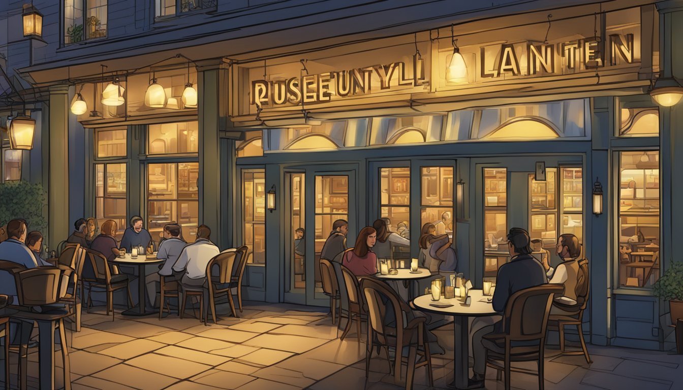 A glowing lantern illuminates a bustling restaurant, with tables filled and servers moving about. The sign "Frequently Asked Questions" hangs above the entrance