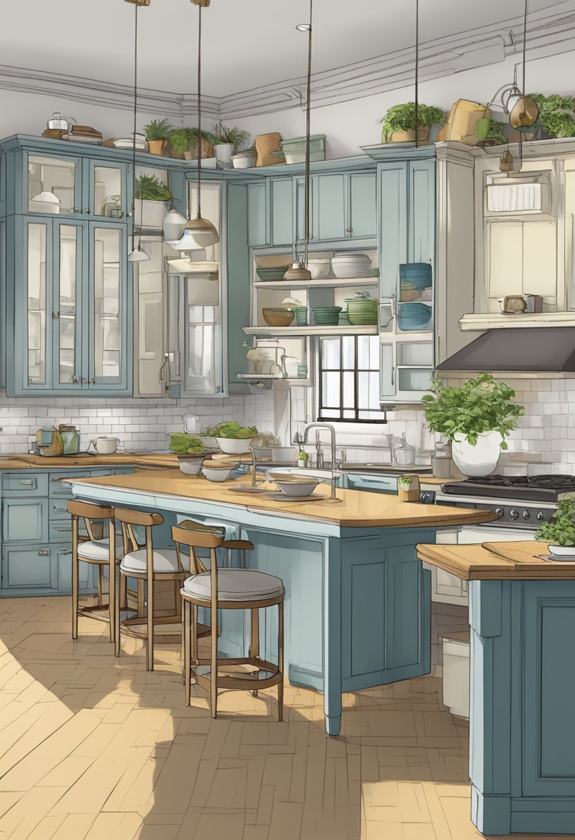 A cluttered kitchen with outdated cabinets and mismatched appliances. A large, impractical island dominates the space, while trendy but impractical design features clash with functionality