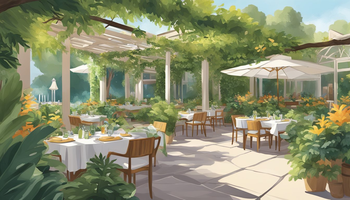 A lush garden filled with vibrant mâche leaves, surrounded by a serene and inviting outdoor dining area at the Mâche restaurant