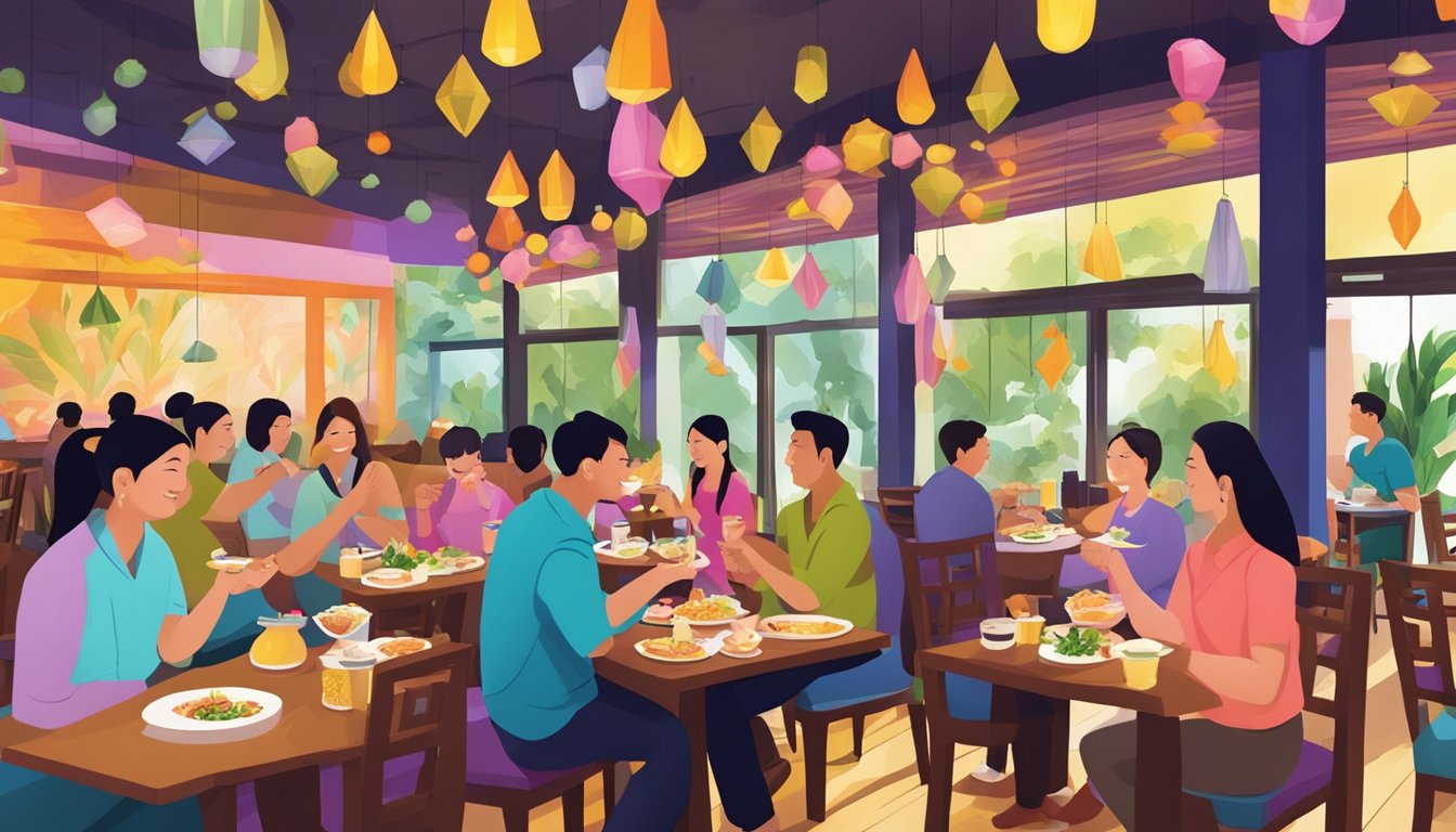 Customers savoring vibrant dishes at VivoCity Thai restaurant, surrounded by colorful decor and the aroma of authentic Thai flavors