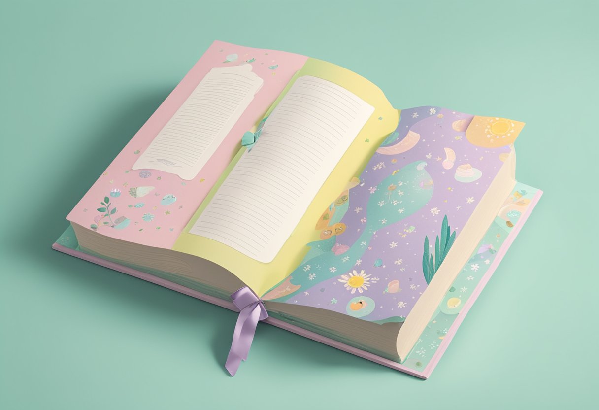 A baby name book open to the page for "Lorelai" with various nicknames listed and a soft, pastel color palette