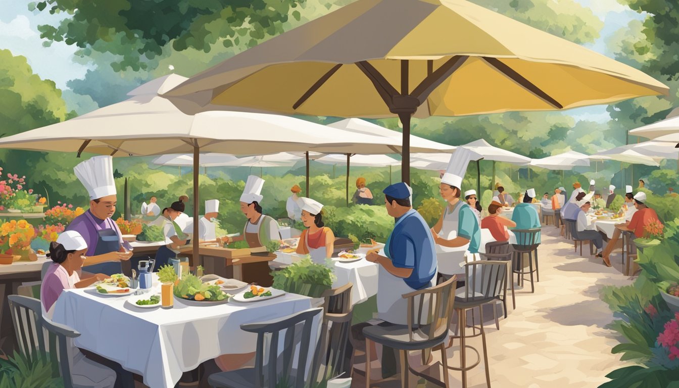 Customers dining at outdoor tables, surrounded by colorful umbrellas and lush greenery, while chefs in white hats and aprons work in a bustling open kitchen