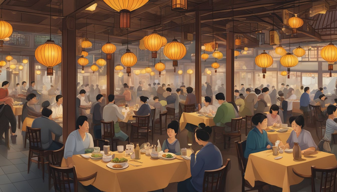 A bustling Mitzi Cantonese restaurant with hanging lanterns, steaming woks, and diners enjoying their meals